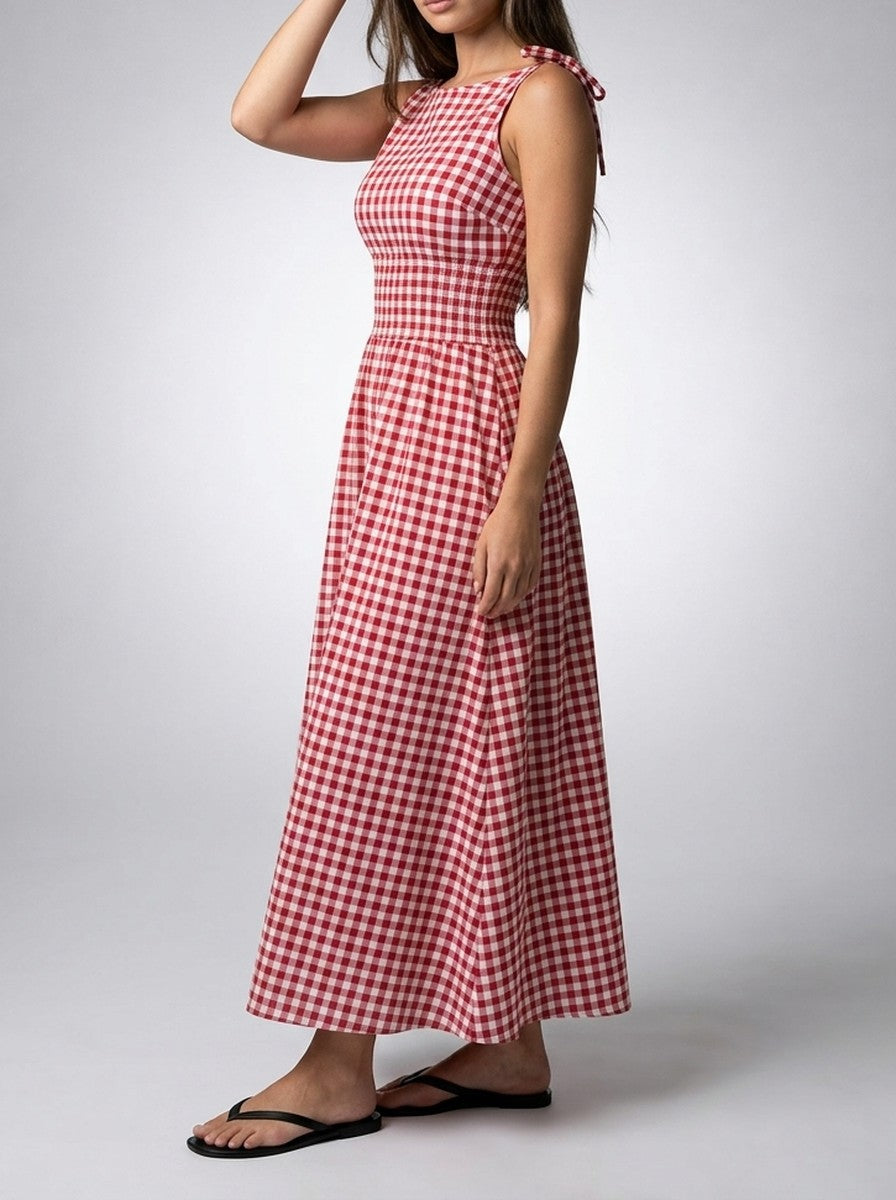 Women's Gingham Round Neck Sleeveless A-Line Midi Dress