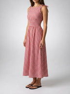Women's Gingham Round Neck Sleeveless A-Line Midi Dress