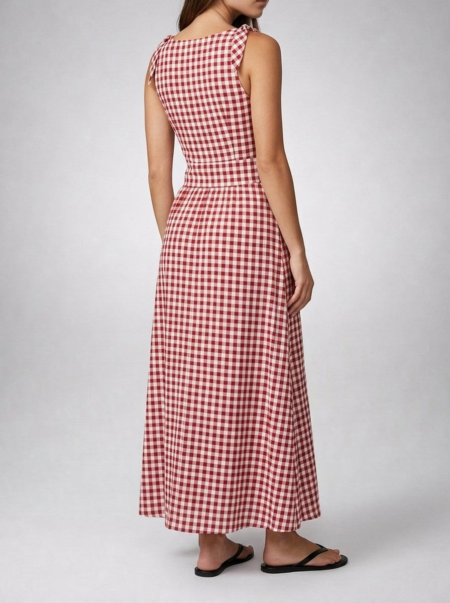 Women's Gingham Round Neck Sleeveless A-Line Midi Dress