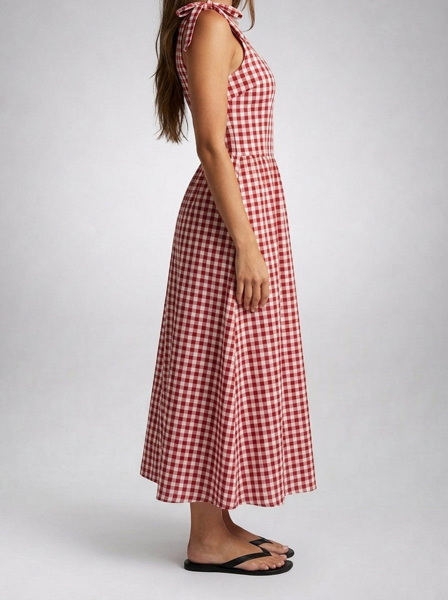 Women's Gingham Round Neck Sleeveless A-Line Midi Dress