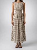 Women's Gingham Round Neck Sleeveless A-Line Midi Dress