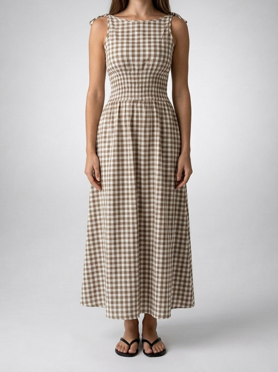 Women's Gingham Round Neck Sleeveless A-Line Midi Dress