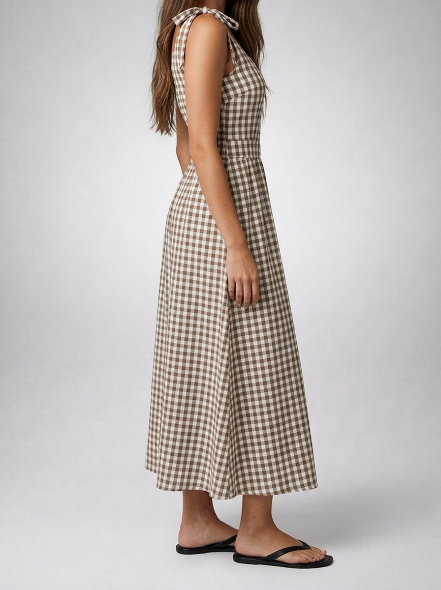 Women's Gingham Round Neck Sleeveless A-Line Midi Dress