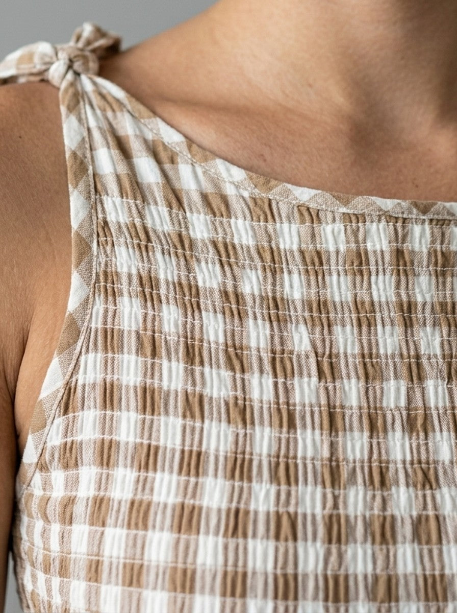 Women's Gingham Round Neck Sleeveless A-Line Midi Dress