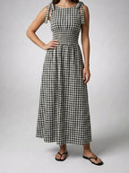 Women's Gingham Round Neck Sleeveless A-Line Midi Dress