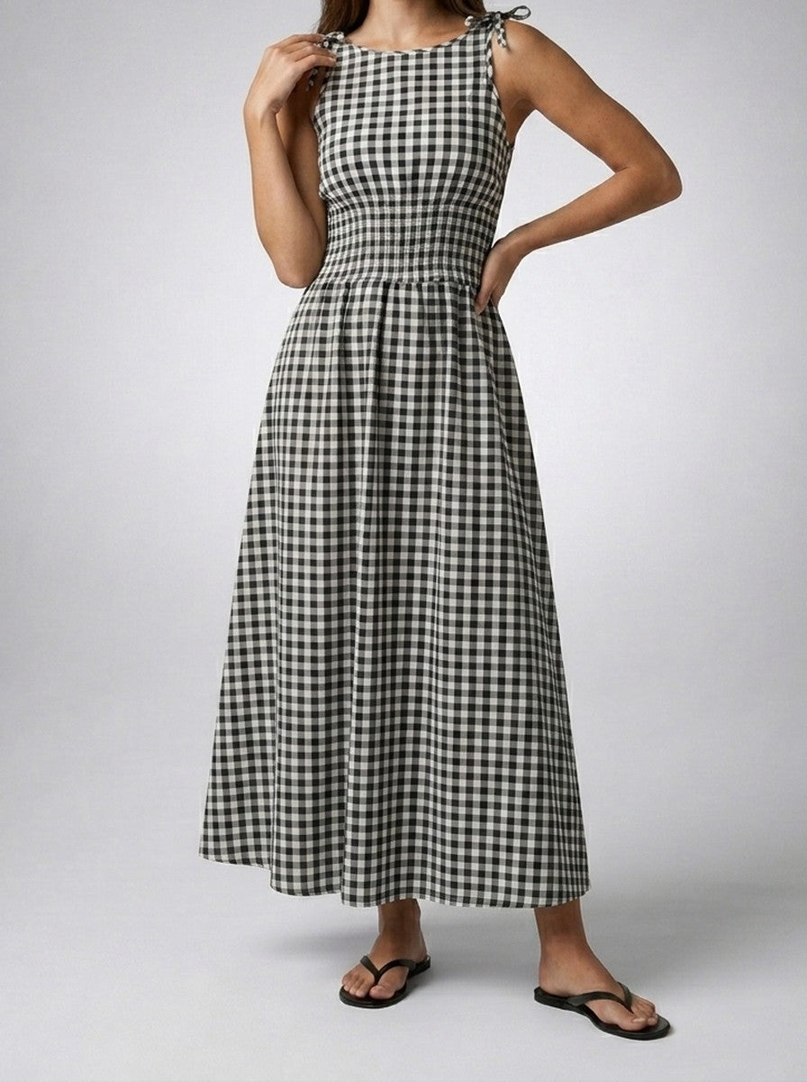 Women's Gingham Round Neck Sleeveless A-Line Midi Dress