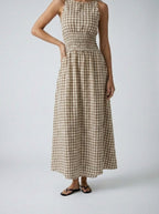 Women's Gingham Round Neck Sleeveless Maxi Dress