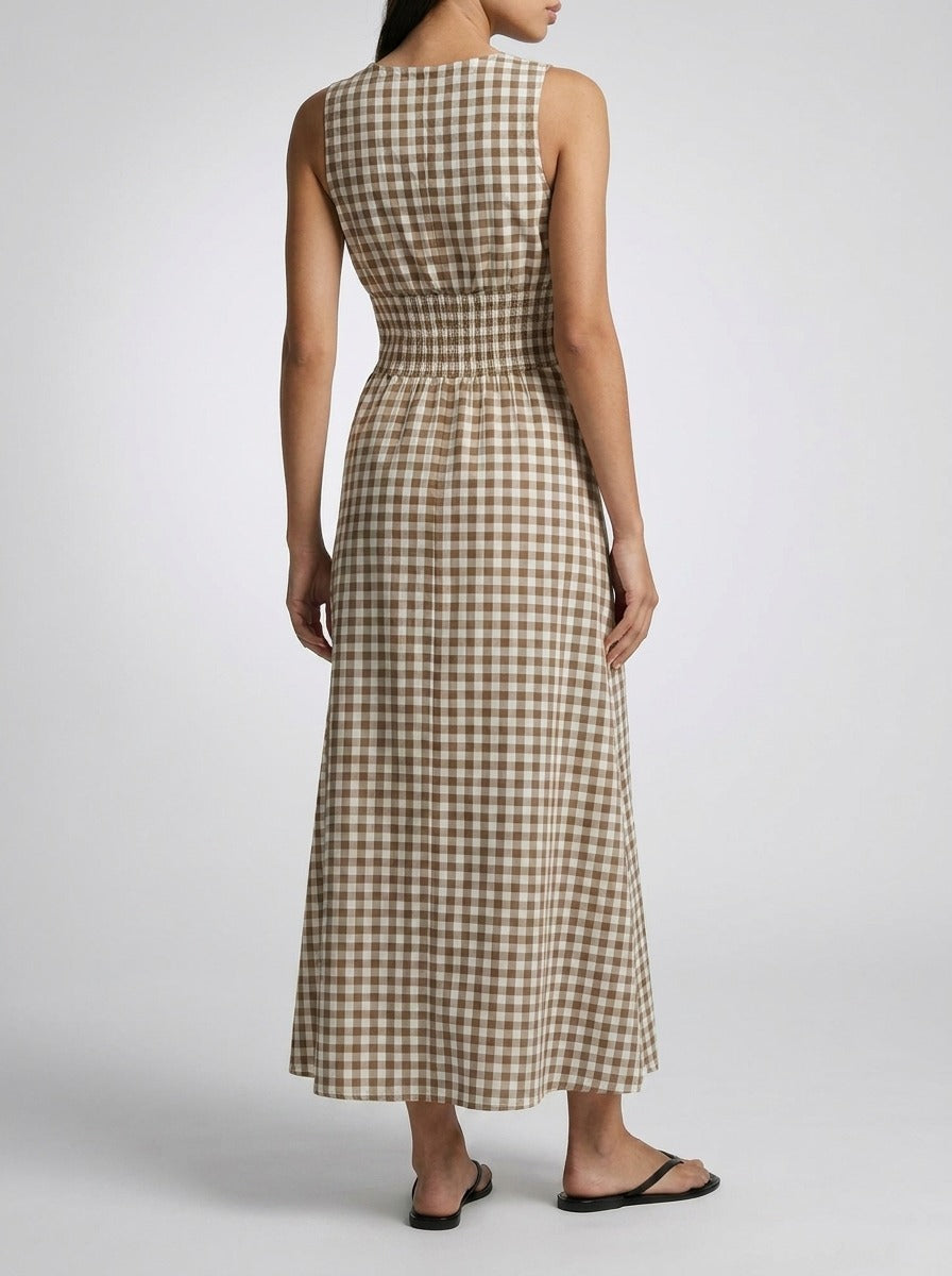 Women's Gingham Round Neck Sleeveless Maxi Dress
