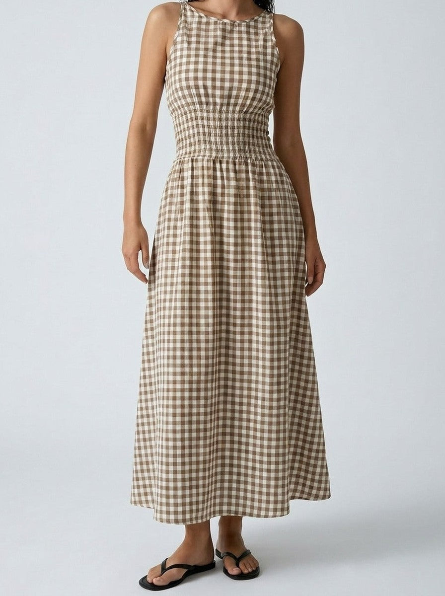 Women's Gingham Round Neck Sleeveless Maxi Dress