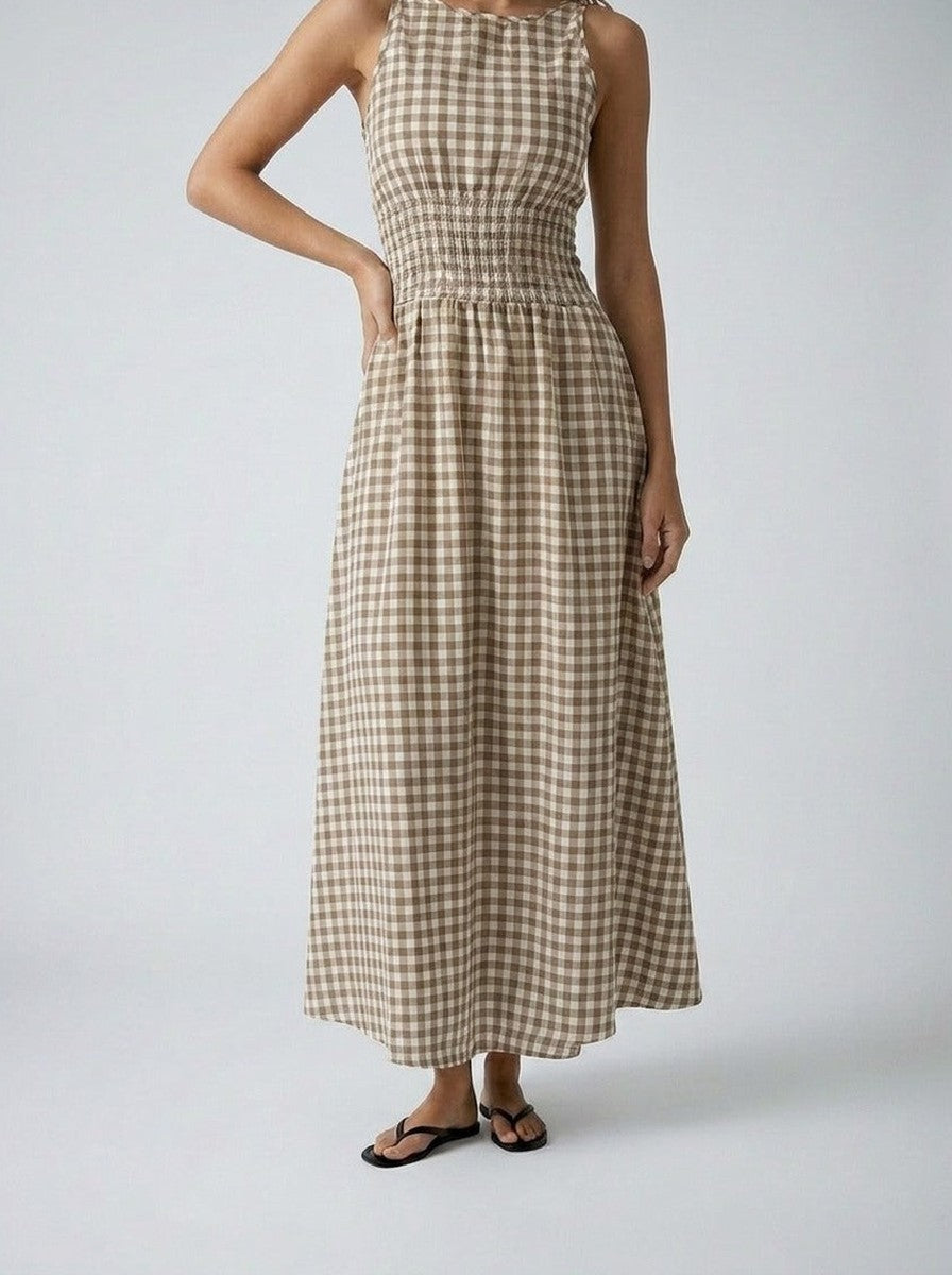 Women's Gingham Round Neck Sleeveless Summer Maxi Dress