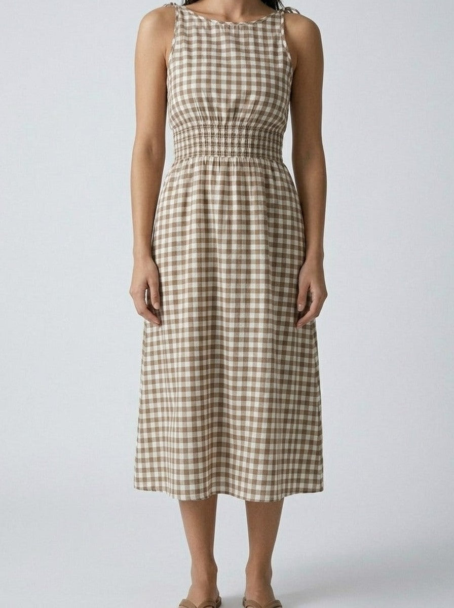 Women's Gingham Round Neck Sleeveless Summer Maxi Dress