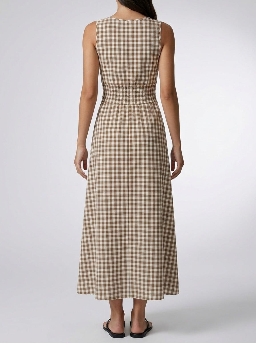 Women's Gingham Round Neck Sleeveless Summer Maxi Dress