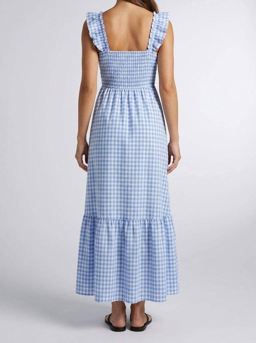 Women's Gingham Square Neck Tiered Summer Maxi Dress