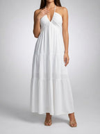 Women's Halter Tiered Sleeveless Wedding Guest Maxi Dress with V-Neck