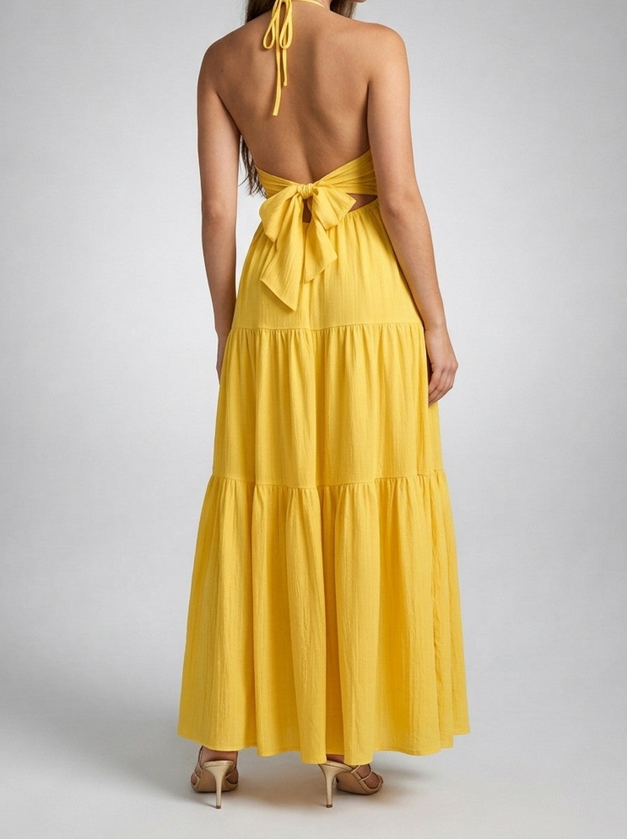 Women's Halter Tiered Sleeveless Wedding Guest Maxi Dress with V-Neck