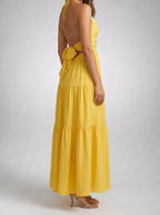 Women's Halter Tiered Sleeveless Wedding Guest Maxi Dress with V-Neck