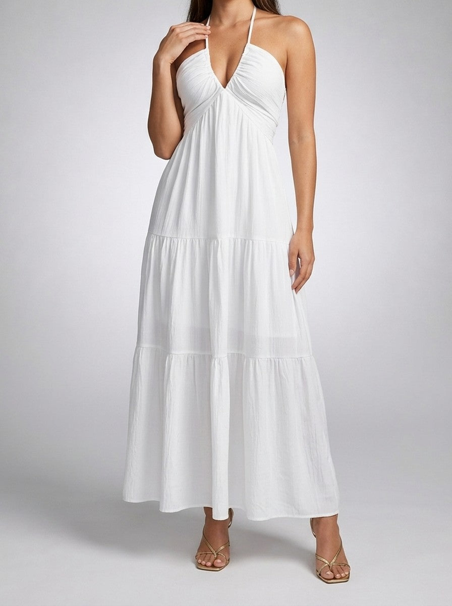 Women's Halter Tiered Sleeveless Wedding Guest Maxi Dress with V-Neck