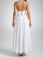 Women's Halter Tiered Sleeveless Wedding Guest Maxi Dress with V-Neck