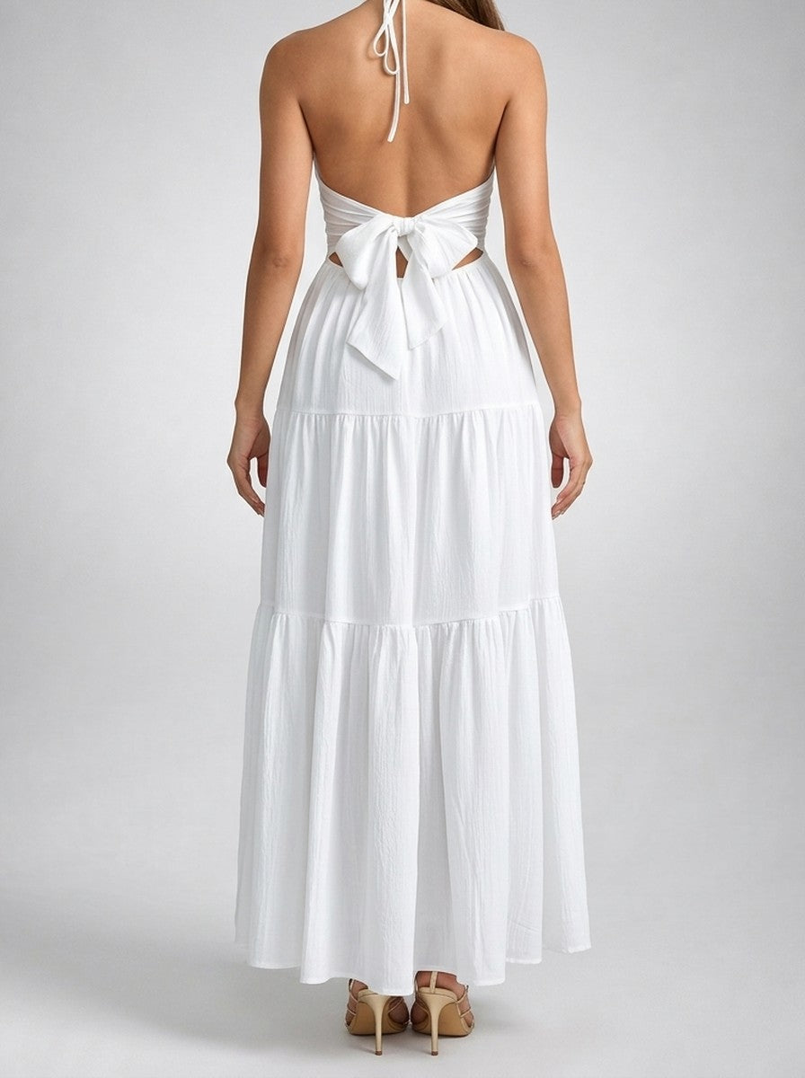 Women's Halter Tiered Sleeveless Wedding Guest Maxi Dress with V-Neck