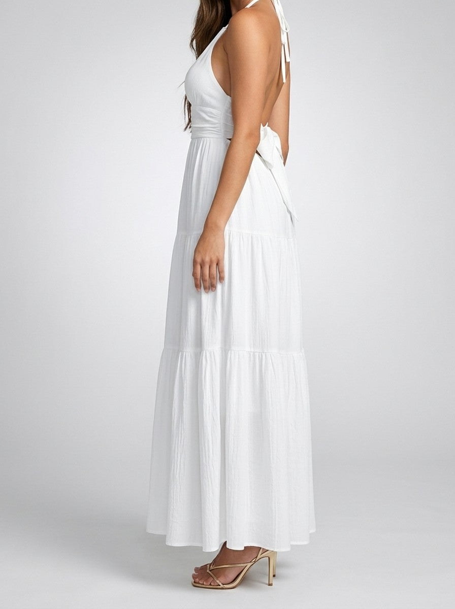 Women's Halter Tiered Sleeveless Wedding Guest Maxi Dress with V-Neck
