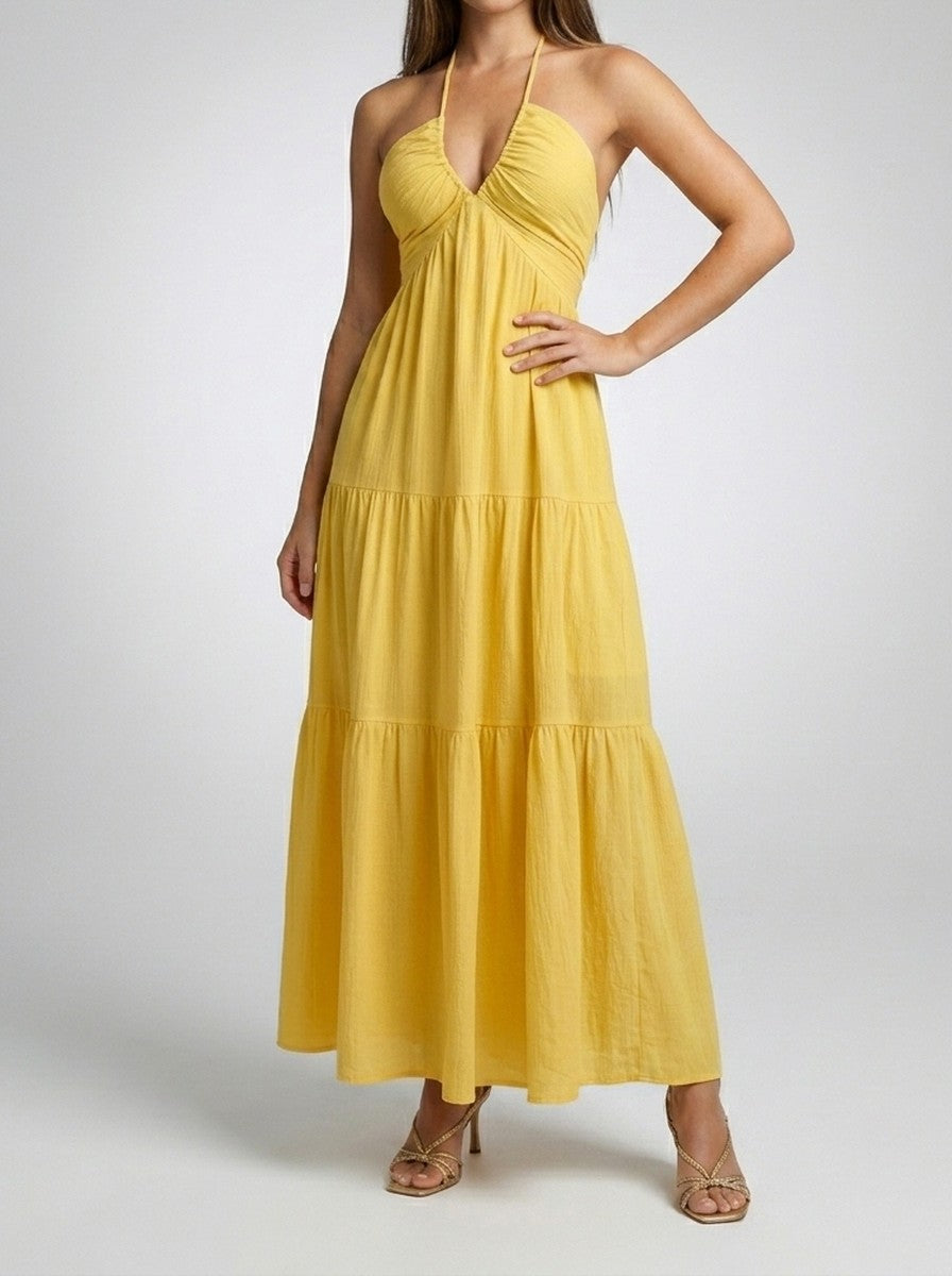 Women's Halter Tiered Sleeveless Wedding Guest Maxi Dress with V-Neck