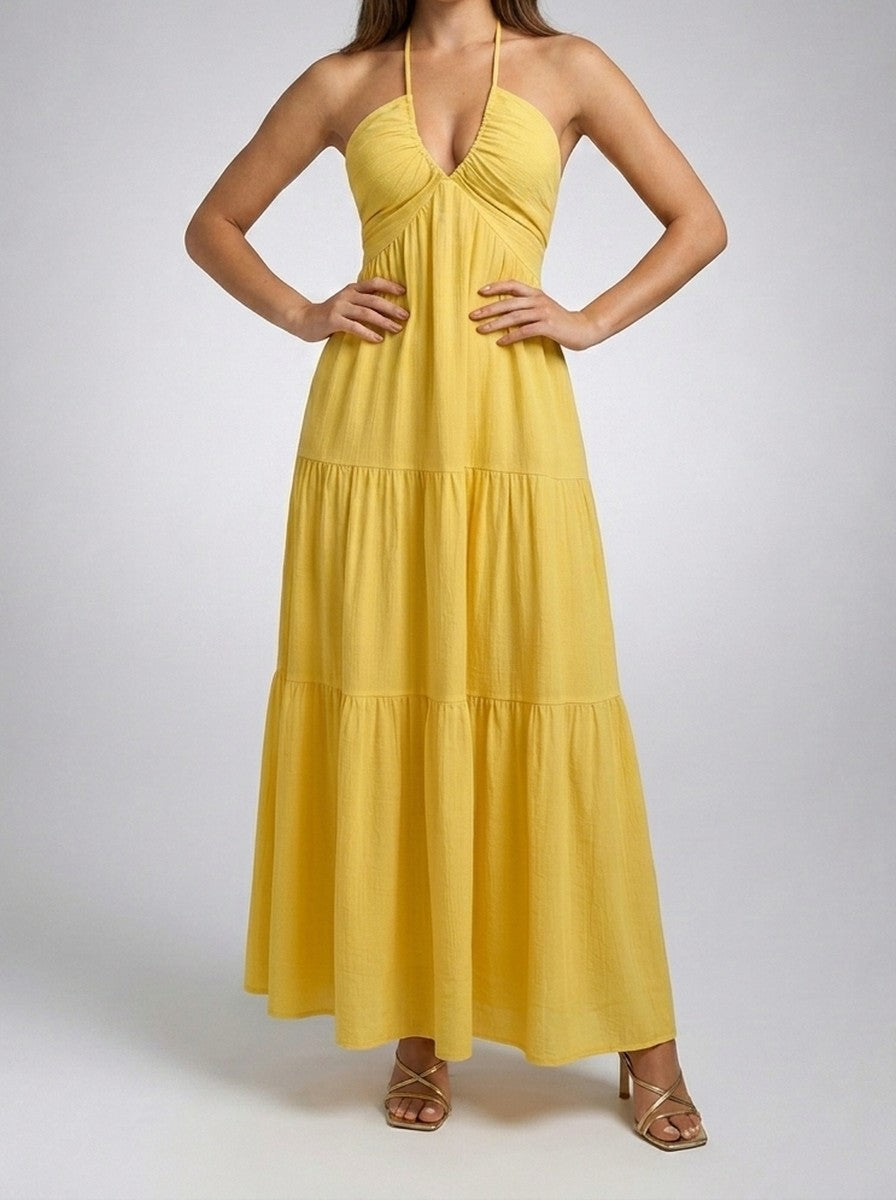 Women's Halter Tiered Sleeveless Wedding Guest Maxi Dress with V-Neck