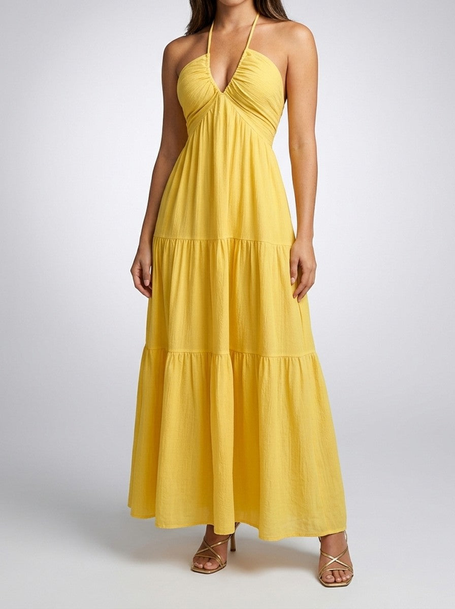 Women's Halter V-Neck Tiered Sleeveless Wedding Guest Maxi Dress