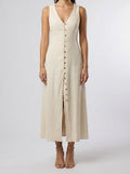 Women's Linen V-Neck Button Front Sleeveless Maxi Dress