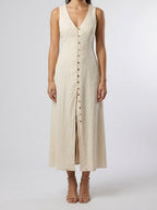Women's Linen V-Neck Button Front Sleeveless Maxi Dress