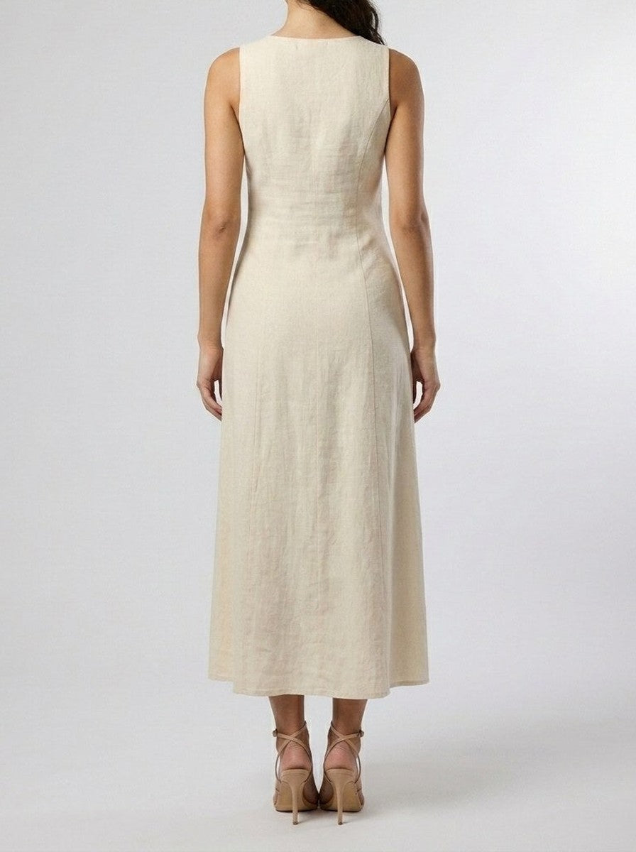 Women's Linen V-Neck Button Front Sleeveless Maxi Dress