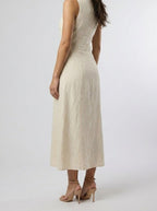Women's Linen V-Neck Button Front Sleeveless Maxi Dress