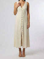 Women's Linen V-Neck Button Front Sleeveless Maxi Dress