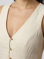 Women's Linen V-Neck Button Front Sleeveless Summer Maxi Dress