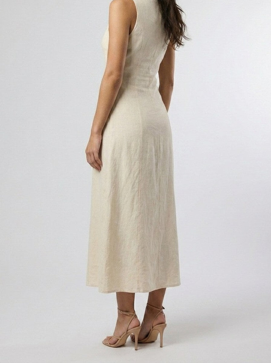 Women's Linen V-Neck Button Front Sleeveless Summer Maxi Dress