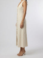 Women's Linen V-Neck Button Front Sleeveless Summer Maxi Dress