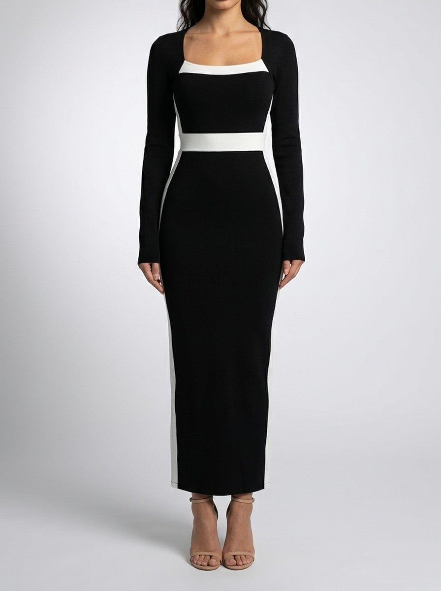 Women's Long Sleeve Colour Block Mermaid Maxi Dress with Square Neck