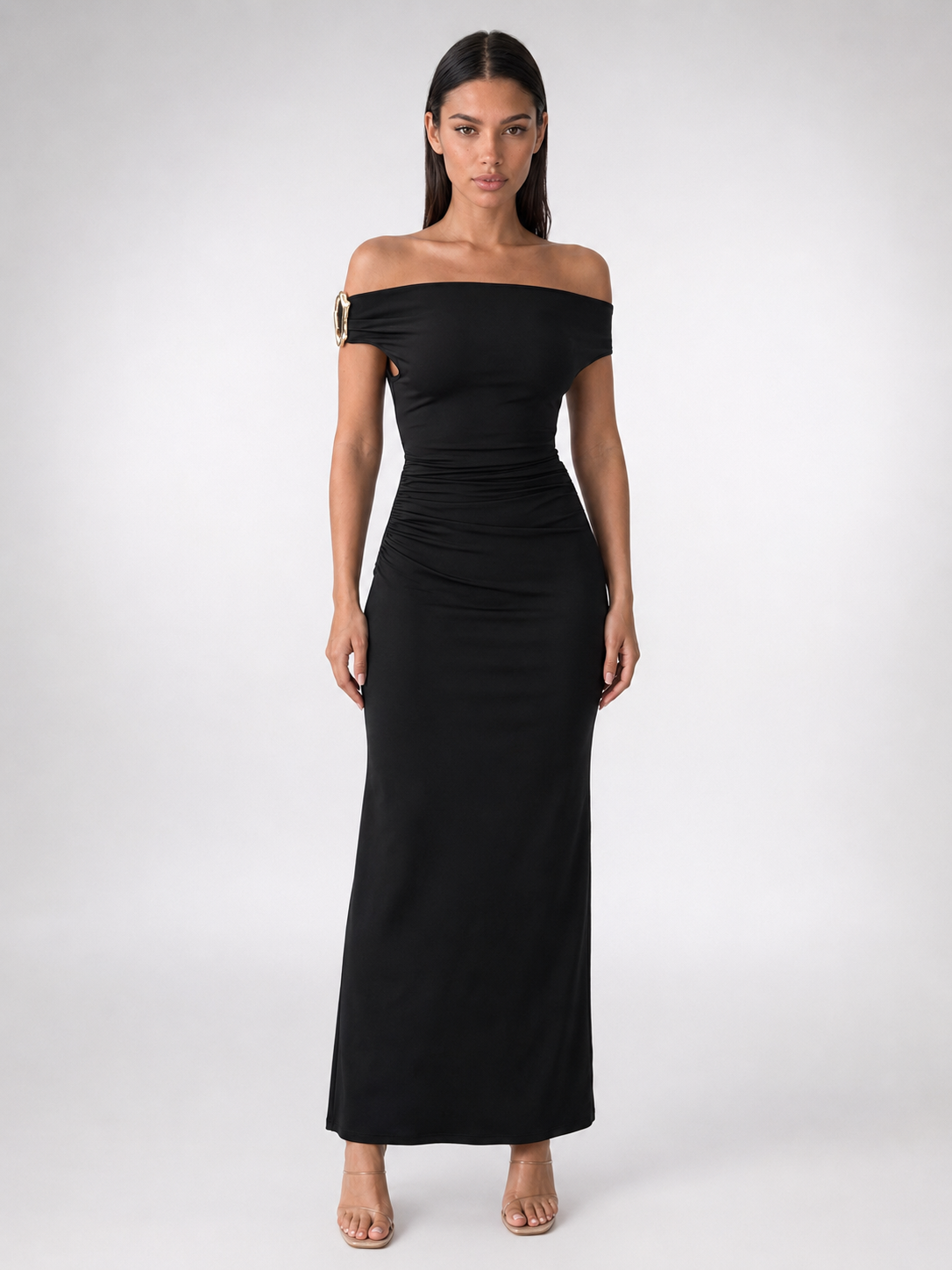 Women's Off Shoulder Ruched Waist Maxi Dress