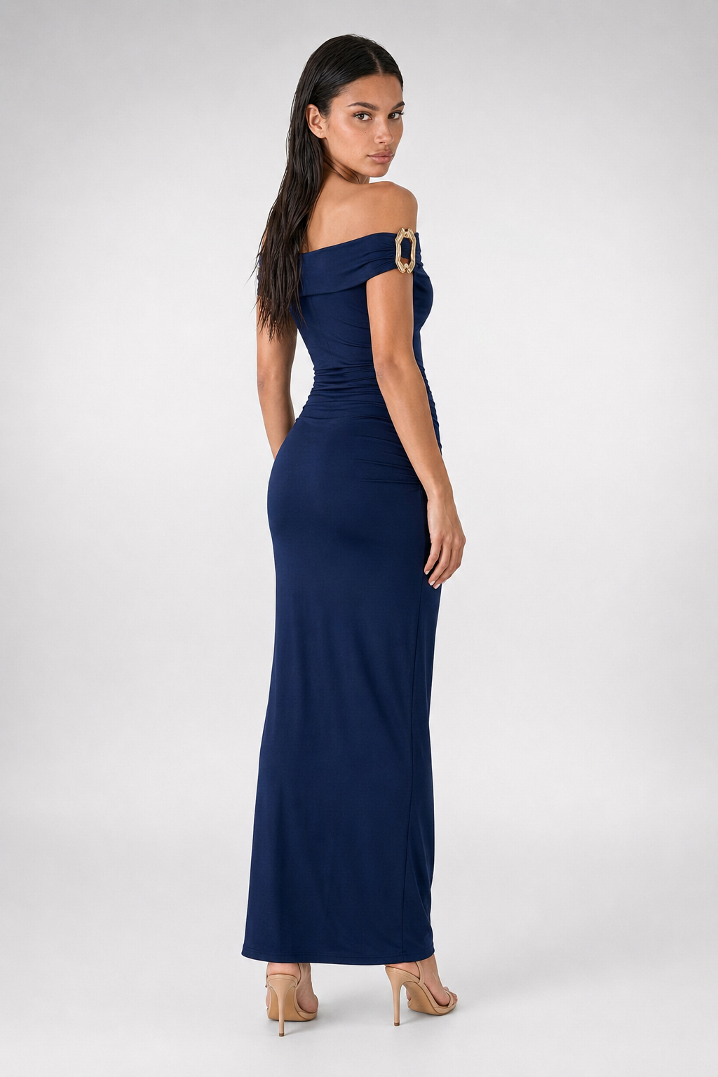 Women's Off Shoulder Ruched Waist Maxi Dress