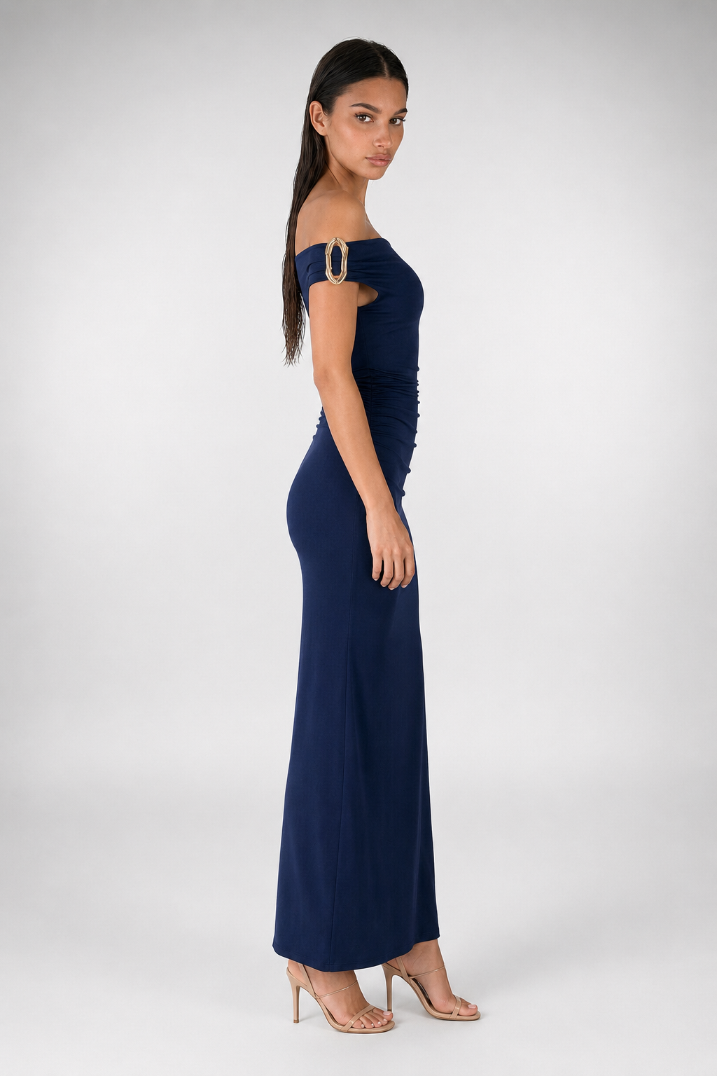 Women's Off Shoulder Ruched Waist Maxi Dress