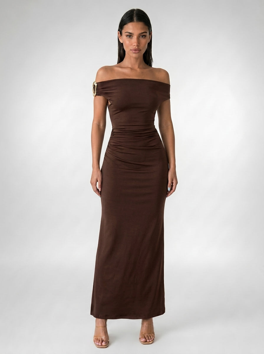 Women's Off Shoulder Ruched Waist Maxi Dress