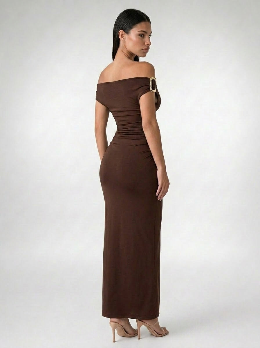 Women's Off Shoulder Ruched Waist Maxi Dress