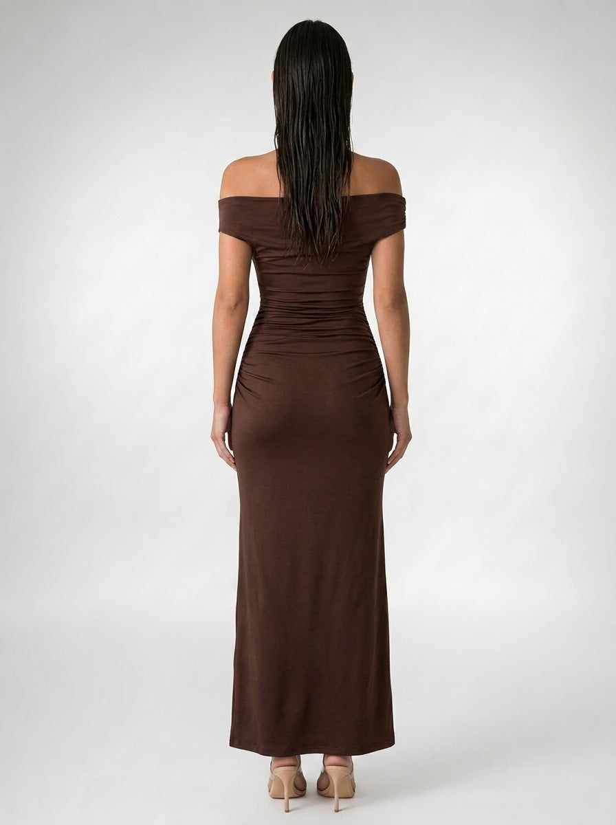 Women's Off Shoulder Ruched Waist Maxi Dress