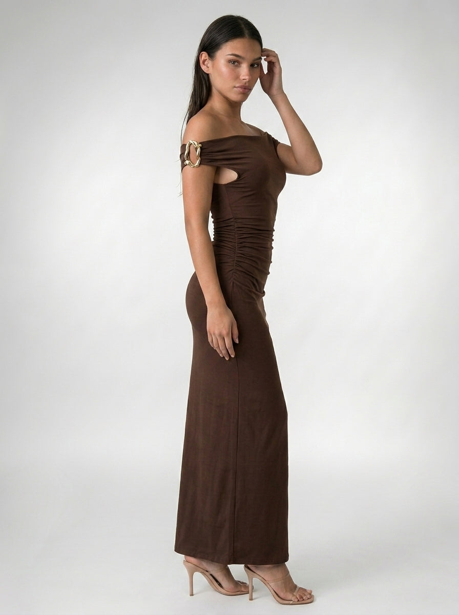 Women's Off Shoulder Ruched Waist Maxi Dress