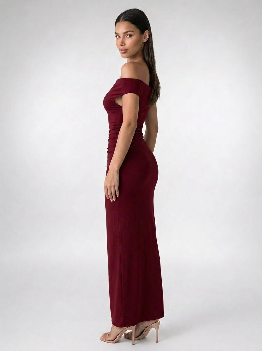 Women's Off Shoulder Ruched Waist Maxi Dress