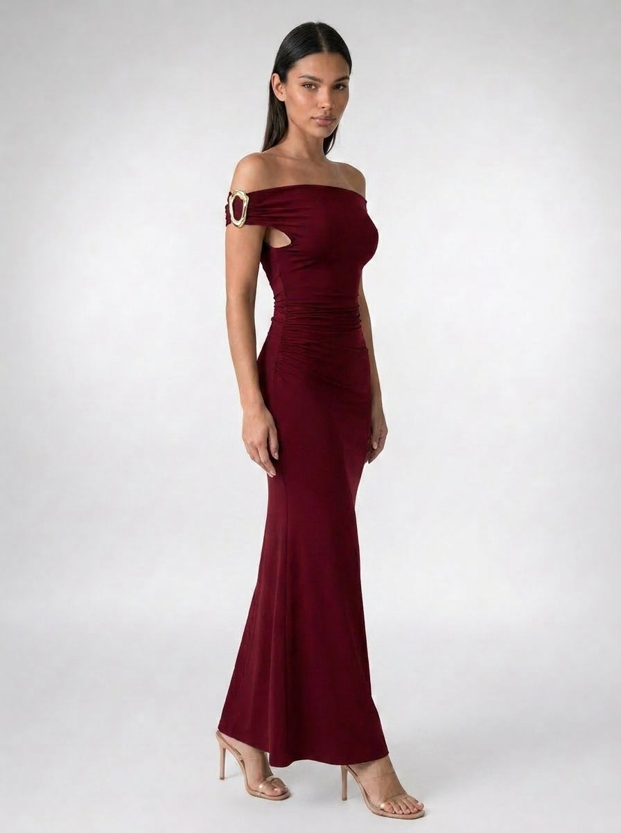 Women's Off Shoulder Ruched Waist Maxi Dress