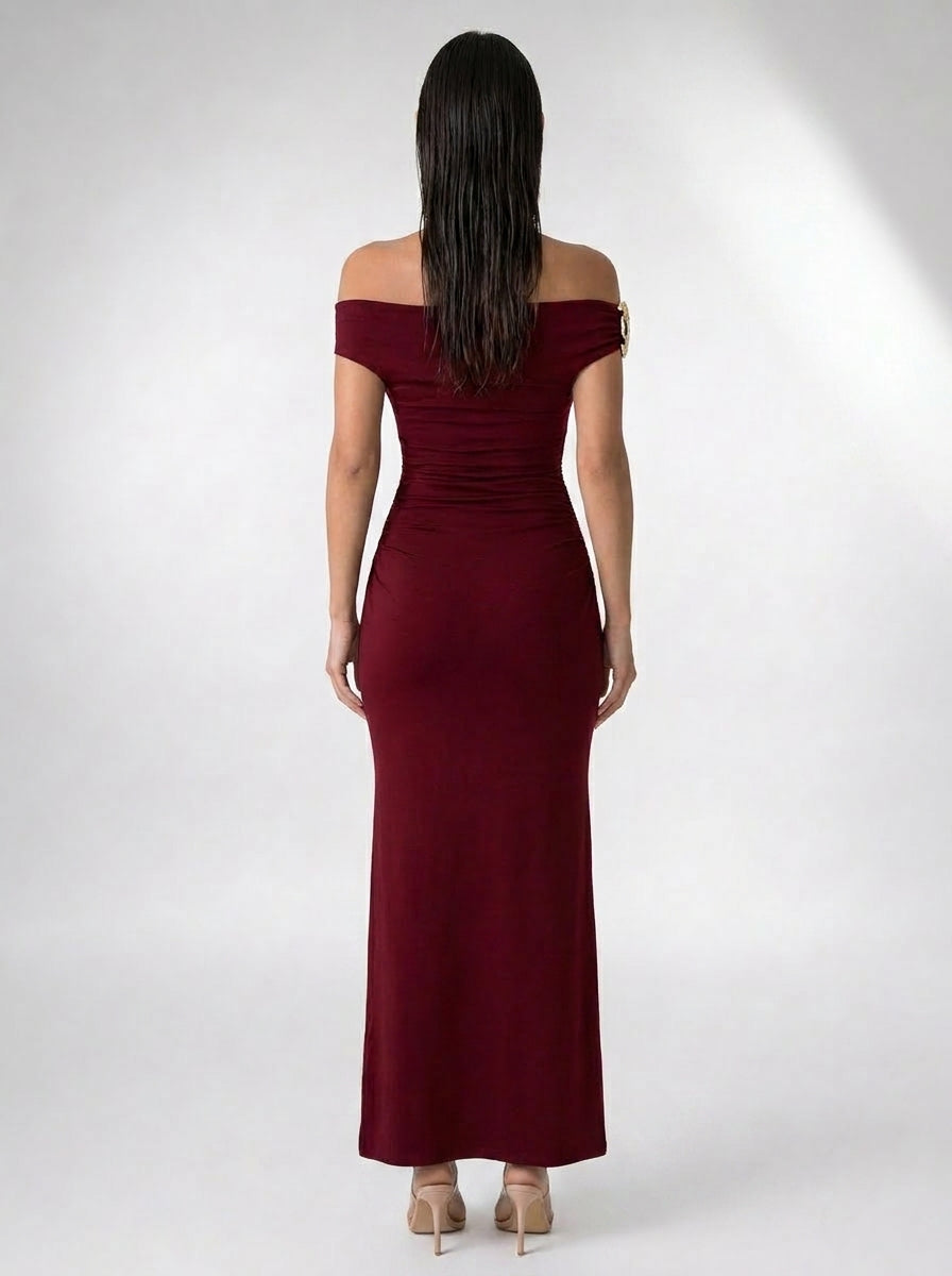 Women's Off Shoulder Ruched Waist Maxi Dress