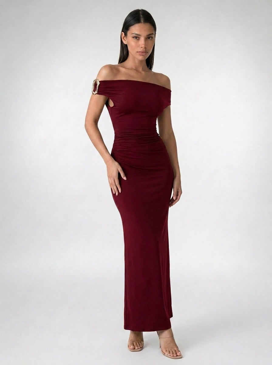 Women's Off Shoulder Ruched Waist Maxi Dress