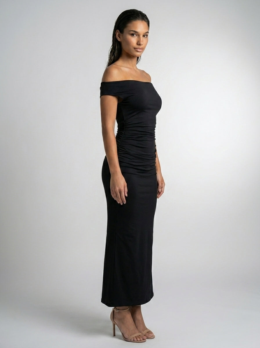 Women's Off Shoulder Ruched Waist Maxi Dress