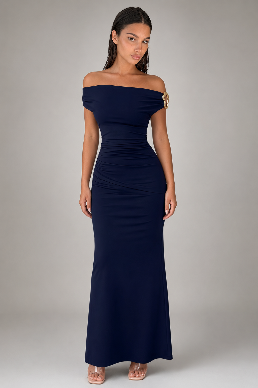 Women's Off Shoulder Ruched Waist Maxi Dress
