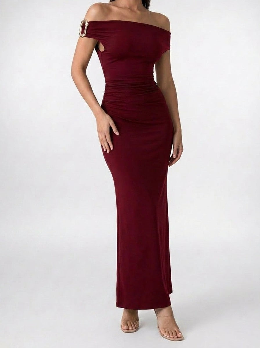Women's Off-Shoulder Ruched Wedding Guest Maxi Dress